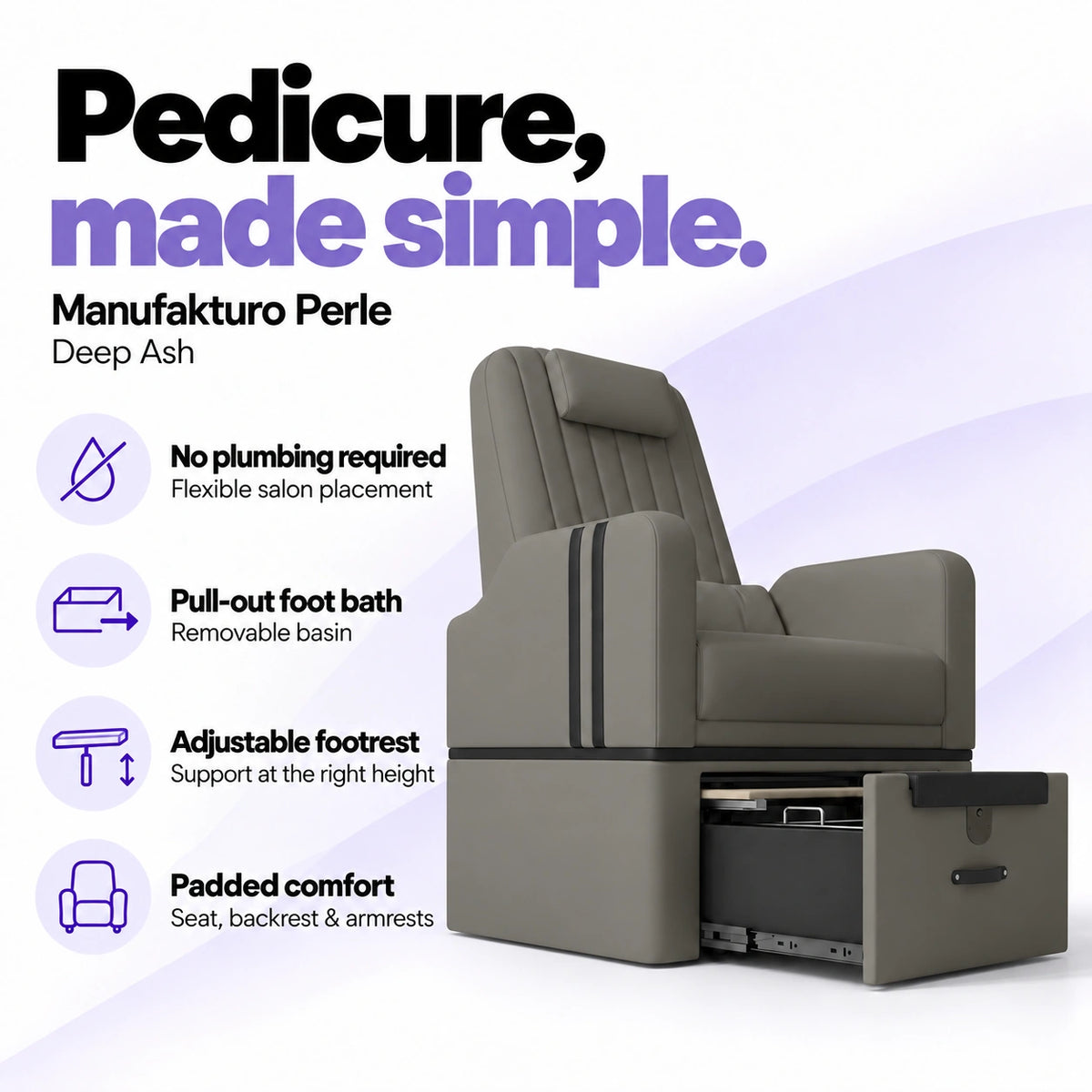 Manufakturo Perle Deep Ash pedicure chair with no plumbing required, pull-out removable foot bath, adjustable footrest and padded seat, backrest and armrests.