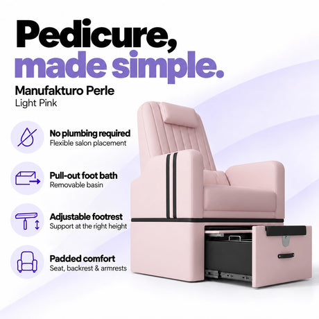 Manufakturo Perle Light Pink pedicure chair with no plumbing required, pull-out removable foot bath, adjustable footrest and padded seat, backrest and armrests.