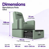 Manufakturo Perle Olive pedicure chair dimensions: 72 cm wide, 128 cm high and 112 cm long with the module extended; seat width 52 cm, module width 49 cm, basin 44.5 x 34.5 cm and footrest height 37–60 cm.