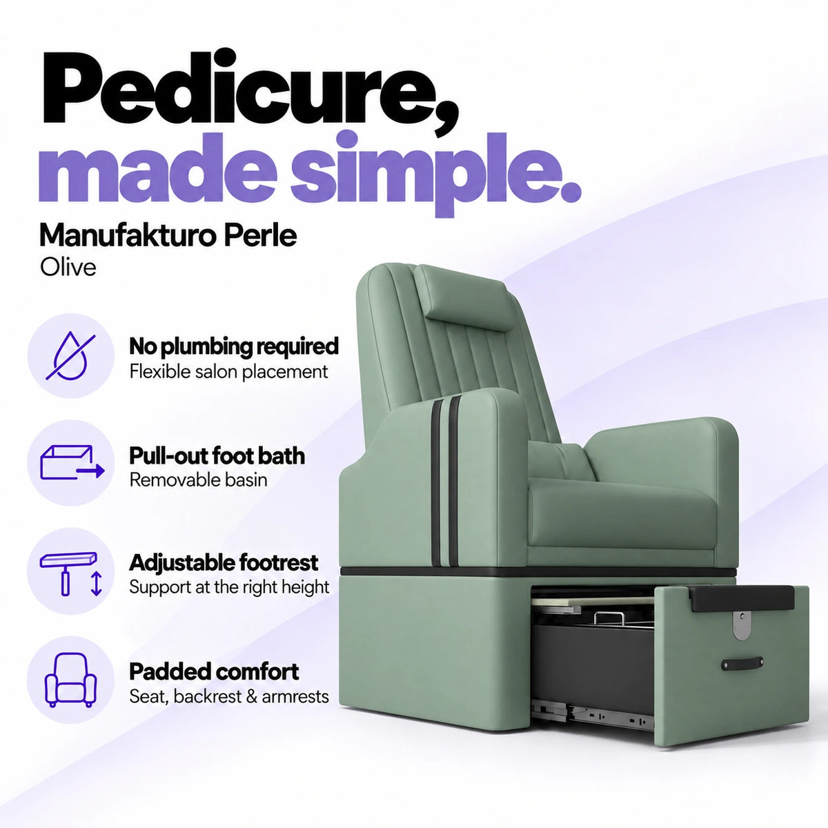 Manufakturo Perle Olive pedicure chair with no plumbing required, pull-out removable foot bath, adjustable footrest and padded seat, backrest and armrests.