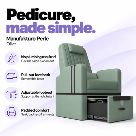 Manufakturo Perle Olive pedicure chair with no plumbing required, pull-out removable foot bath, adjustable footrest and padded seat, backrest and armrests.