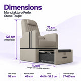 Manufakturo Perle Stone Taupe pedicure chair dimensions: 72 cm wide, 128 cm high and 112 cm long with the module extended; seat width 52 cm, module width 49 cm, basin 44.5 x 34.5 cm and footrest height 37–60 cm.