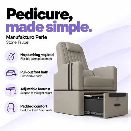 Manufakturo Perle Stone Taupe pedicure chair with no plumbing required, pull-out removable foot bath, adjustable footrest and padded seat, backrest and armrests.