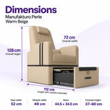 Manufakturo Perle Warm Beige pedicure chair dimensions: 72 cm wide, 128 cm high and 112 cm long with the module extended; seat width 52 cm, module width 49 cm, basin 44.5 x 34.5 cm and footrest height 37–60 cm.