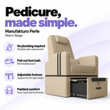 Manufakturo Perle Warm Beige pedicure chair with no plumbing required, pull-out removable foot bath, adjustable footrest and padded seat, backrest and armrests.