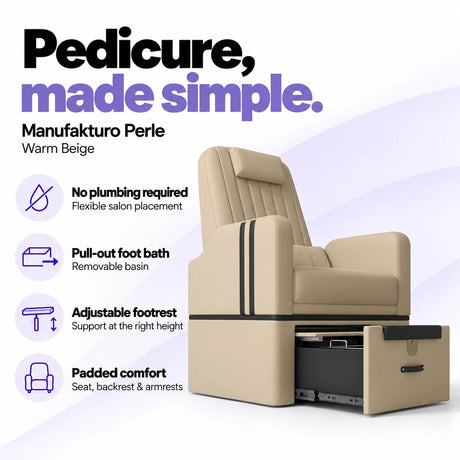 Manufakturo Perle Warm Beige pedicure chair with no plumbing required, pull-out removable foot bath, adjustable footrest and padded seat, backrest and armrests.