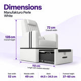 Manufakturo Perle White pedicure chair dimensions: 72 cm wide, 128 cm high and 112 cm long with the module extended; seat width 52 cm, module width 49 cm, basin 44.5 x 34.5 cm and footrest height 37–60 cm.