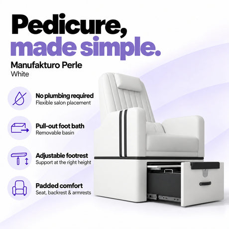 Manufakturo Perle White pedicure chair with no plumbing required, pull-out removable foot bath, adjustable footrest and padded seat, backrest and armrests.