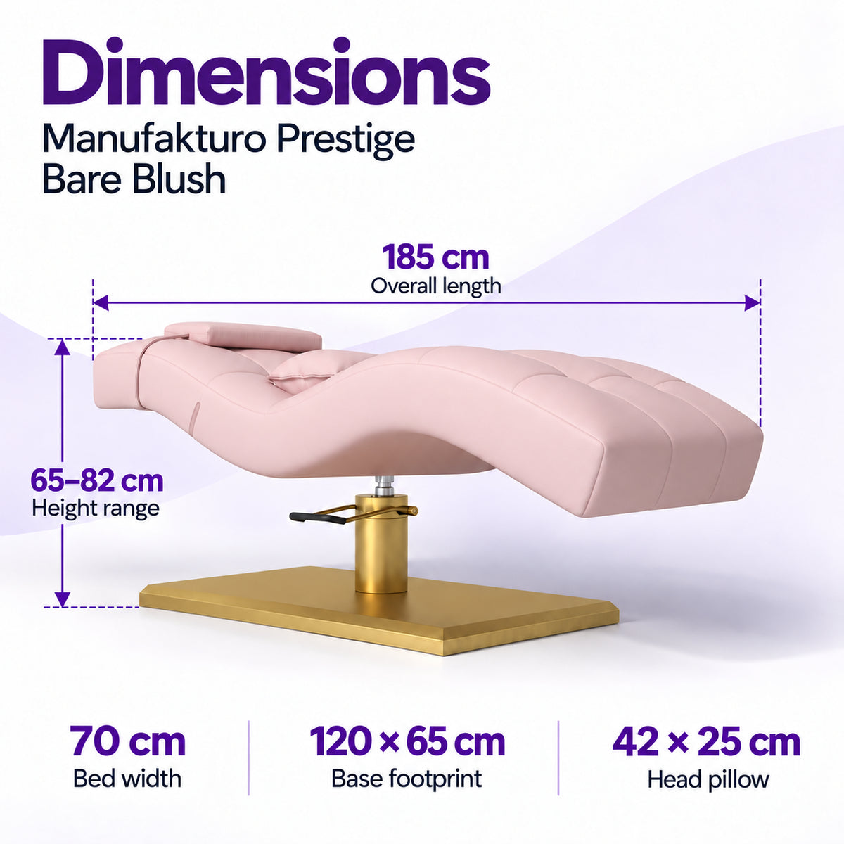 Manufakturo Prestige Bare Blush dimensions: 185 cm long, 70 cm wide, height 65–82 cm, base 120 x 65 cm and head pillow 42 x 25 cm.