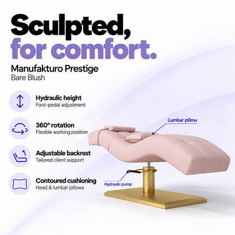 Manufakturo Prestige Bare Blush hydraulic eyelash bed with foot-pedal height adjustment, 360-degree rotation, adjustable backrest and head and lumbar pillows.