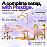 Manufakturo Prestige Bare Blush four-piece salon set features: hydraulic bed, Serenity chair, V3 Pro Gold lamp and gold trolley.