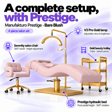 Manufakturo Prestige Bare Blush four-piece salon set features: hydraulic bed, Serenity chair, V3 Pro Gold lamp and gold trolley.