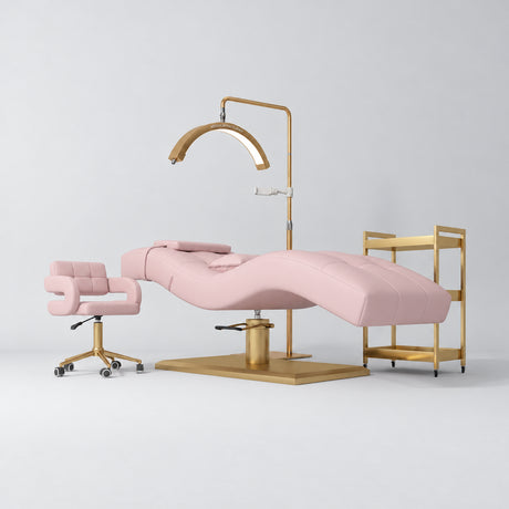 Manufakturo Prestige Bare Blush studio set with hydraulic lash bed, Serenity chair, V3 Pro Gold lamp and empty gold trolley.