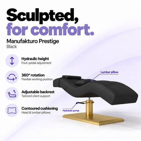 Manufakturo Prestige Black hydraulic eyelash bed with foot-pedal height adjustment, 360-degree rotation, adjustable backrest and head and lumbar pillows.