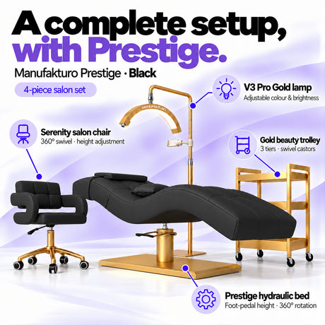Manufakturo Prestige Black four-piece salon set features: hydraulic bed, Serenity chair, V3 Pro Gold lamp and gold trolley.