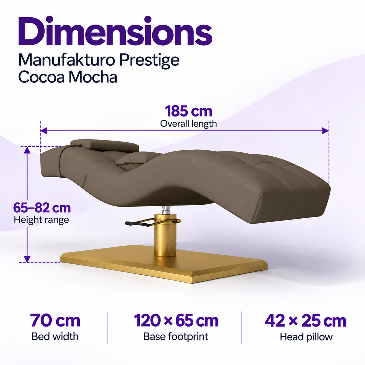 Manufakturo Prestige Cocoa Mocha dimensions: 185 cm long, 70 cm wide, height 65–82 cm, base 120 x 65 cm and head pillow 42 x 25 cm.