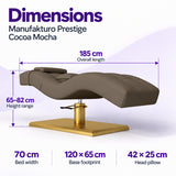 Manufakturo Prestige Cocoa Mocha dimensions: 185 cm long, 70 cm wide, height 65–82 cm, base 120 x 65 cm and head pillow 42 x 25 cm.