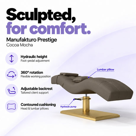 Manufakturo Prestige Cocoa Mocha hydraulic eyelash bed with foot-pedal height adjustment, 360-degree rotation, adjustable backrest and head and lumbar pillows.