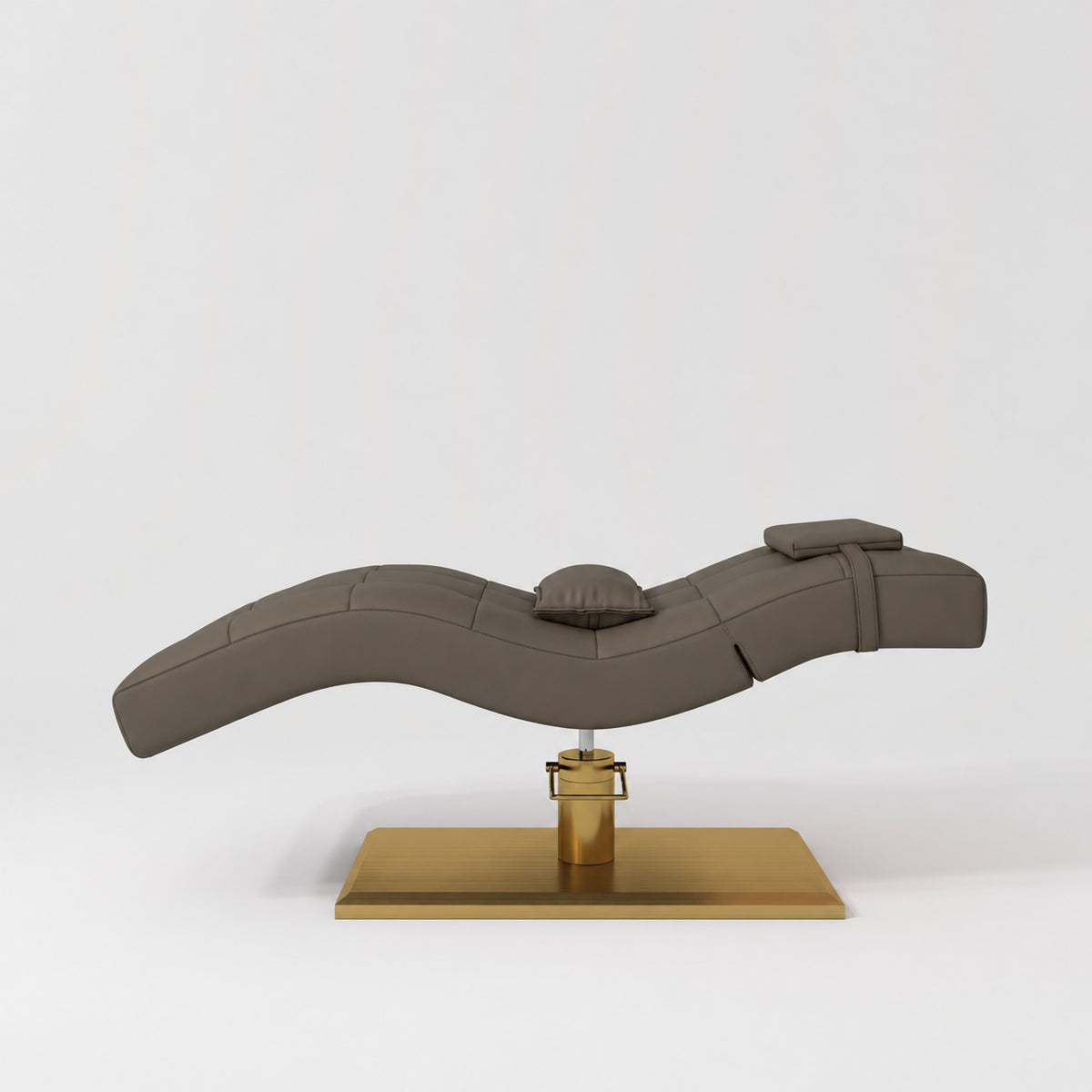Manufakturo Prestige Cocoa Mocha hydraulic eyelash bed, side elevation showing head and lumbar pillows and gold base.
