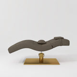 Manufakturo Prestige Cocoa Mocha hydraulic eyelash bed, side elevation showing head and lumbar pillows and gold base.