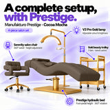 Manufakturo Prestige Cocoa Mocha four-piece salon set features: hydraulic bed, Serenity chair, V3 Pro Gold lamp and gold trolley.