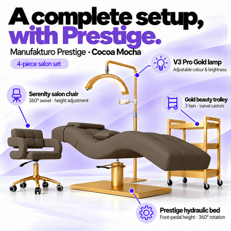 Manufakturo Prestige Cocoa Mocha four-piece salon set features: hydraulic bed, Serenity chair, V3 Pro Gold lamp and gold trolley.