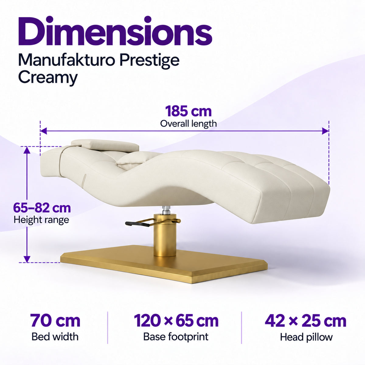 Manufakturo Prestige Creamy dimensions: 185 cm long, 70 cm wide, height 65–82 cm, base 120 x 65 cm and head pillow 42 x 25 cm.