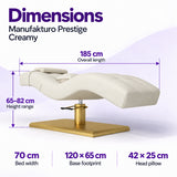 Manufakturo Prestige Creamy dimensions: 185 cm long, 70 cm wide, height 65–82 cm, base 120 x 65 cm and head pillow 42 x 25 cm.