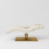 Manufakturo Prestige Creamy hydraulic eyelash bed, side elevation showing head and lumbar pillows and gold base.