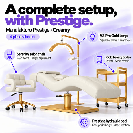 Manufakturo Prestige Creamy four-piece salon set features: hydraulic bed, Serenity chair, V3 Pro Gold lamp and gold trolley.