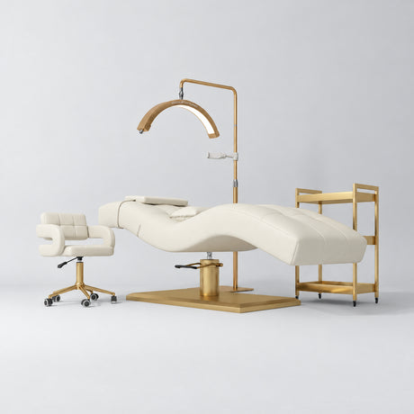 Manufakturo Prestige Creamy studio set with hydraulic lash bed, Serenity chair, V3 Pro Gold lamp and empty gold trolley.