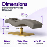 Manufakturo Prestige Deep Ash dimensions: 185 cm long, 70 cm wide, height 65–82 cm, base 120 x 65 cm and head pillow 42 x 25 cm.