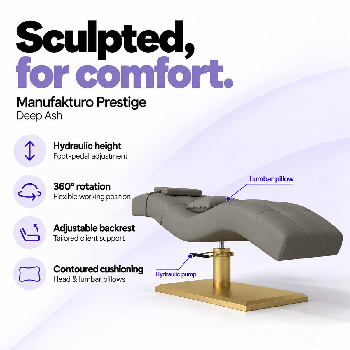 Manufakturo Prestige Deep Ash hydraulic eyelash bed with foot-pedal height adjustment, 360-degree rotation, adjustable backrest and head and lumbar pillows.