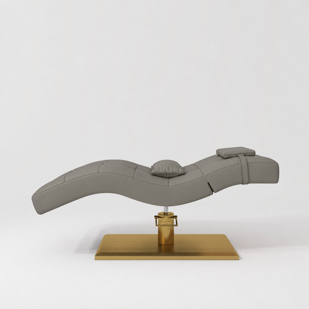 Manufakturo Prestige Deep Ash hydraulic eyelash bed, side elevation showing head and lumbar pillows and gold base.