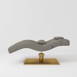 Manufakturo Prestige Deep Ash hydraulic eyelash bed, side elevation showing head and lumbar pillows and gold base.
