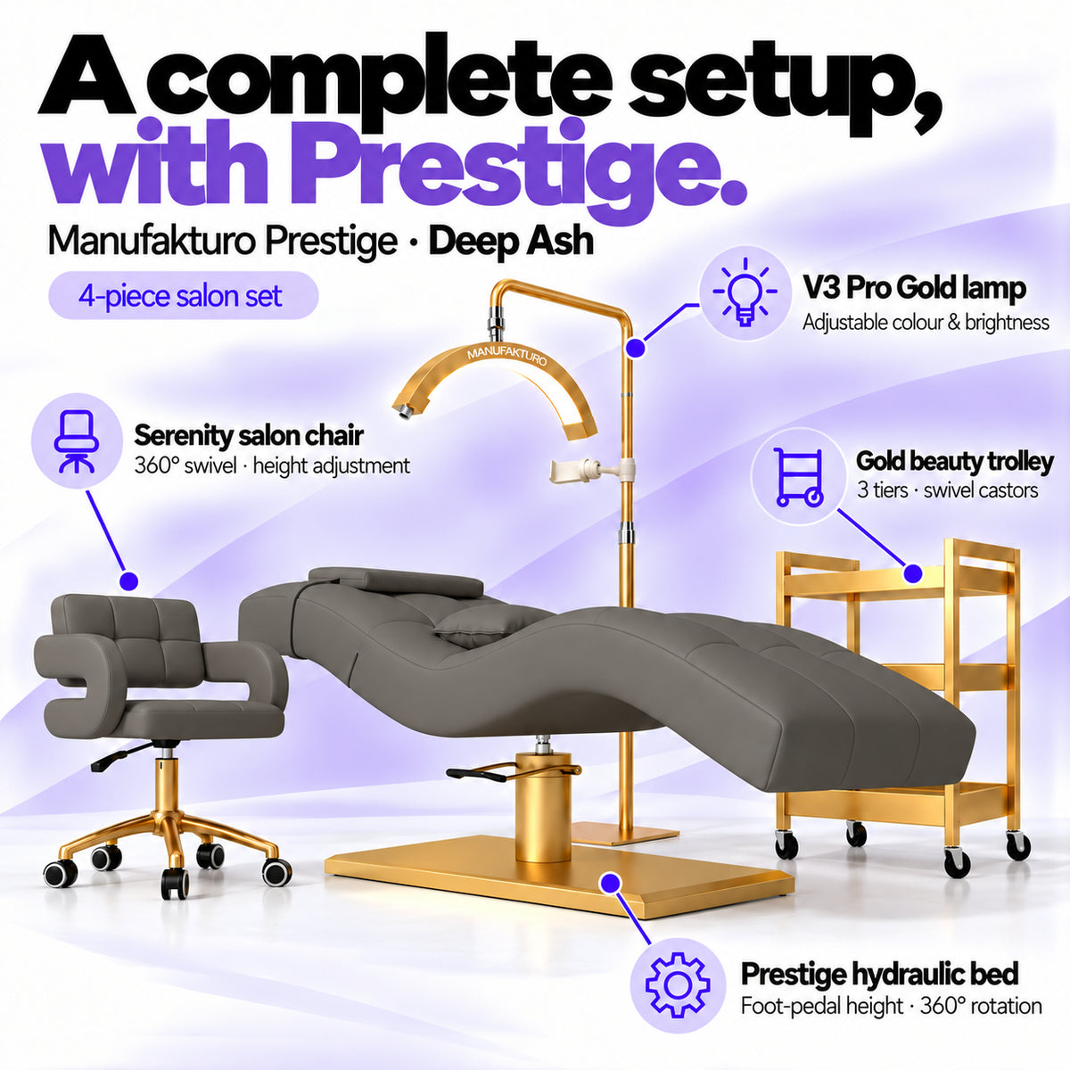 Manufakturo Prestige Deep Ash four-piece salon set features: hydraulic bed, Serenity chair, V3 Pro Gold lamp and gold trolley.