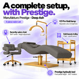 Manufakturo Prestige Deep Ash four-piece salon set features: hydraulic bed, Serenity chair, V3 Pro Gold lamp and gold trolley.