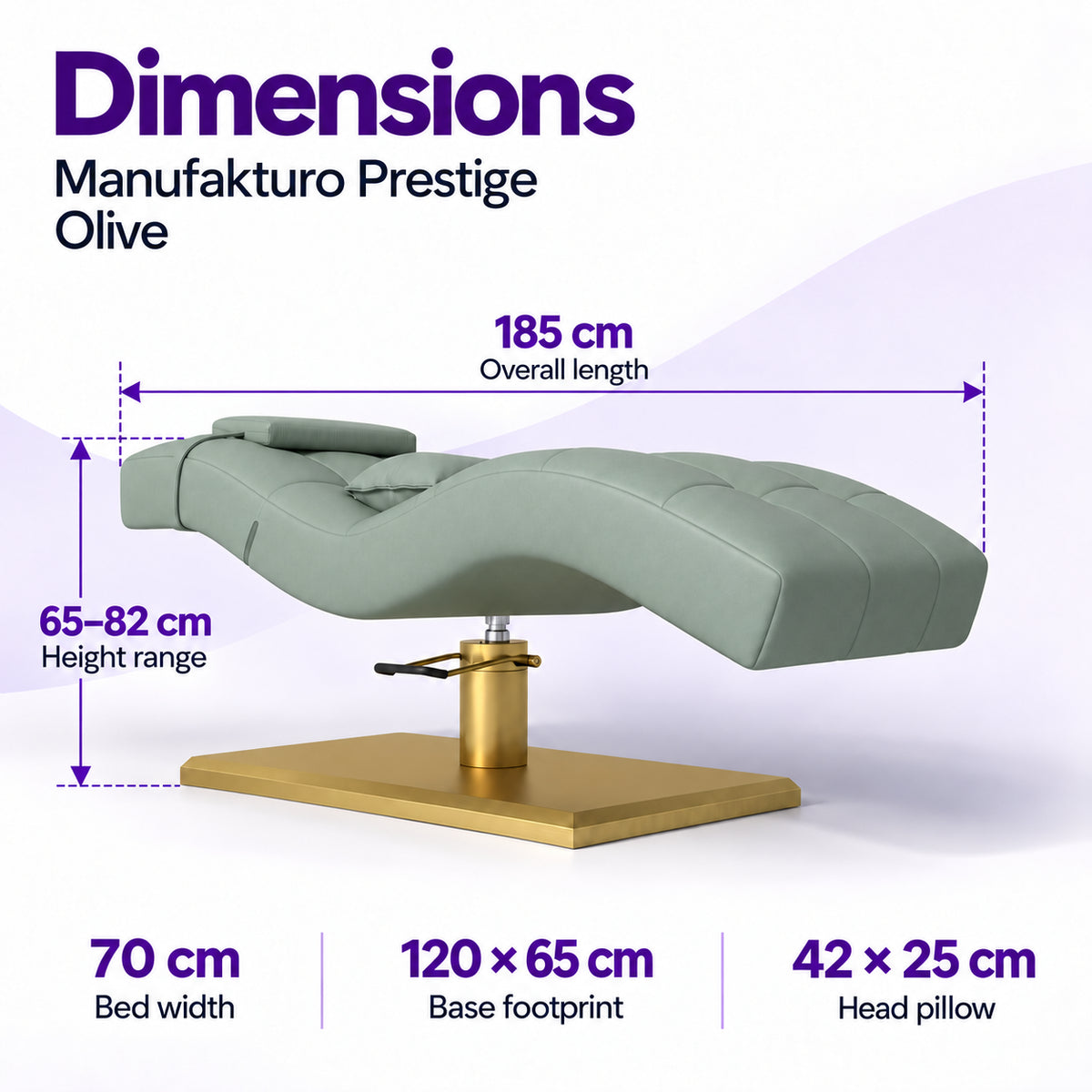 Manufakturo Prestige Olive dimensions: 185 cm long, 70 cm wide, height 65–82 cm, base 120 x 65 cm and head pillow 42 x 25 cm.