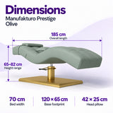 Manufakturo Prestige Olive dimensions: 185 cm long, 70 cm wide, height 65–82 cm, base 120 x 65 cm and head pillow 42 x 25 cm.