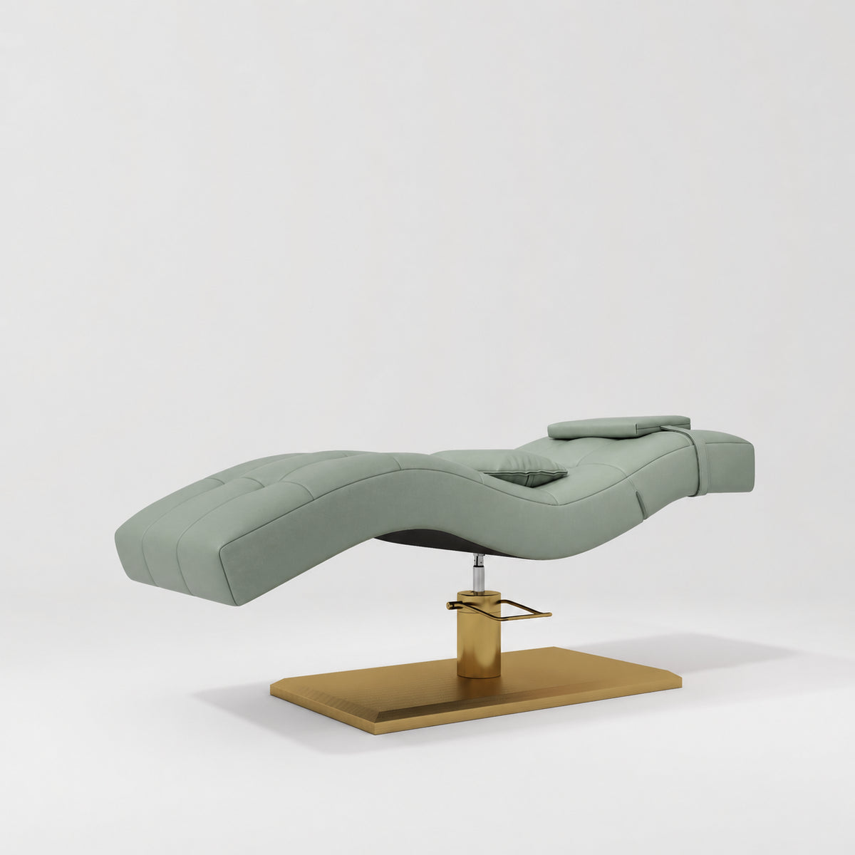 Manufakturo Prestige Olive hydraulic eyelash bed, three-quarter side view with gold pedestal base and contoured upholstery.