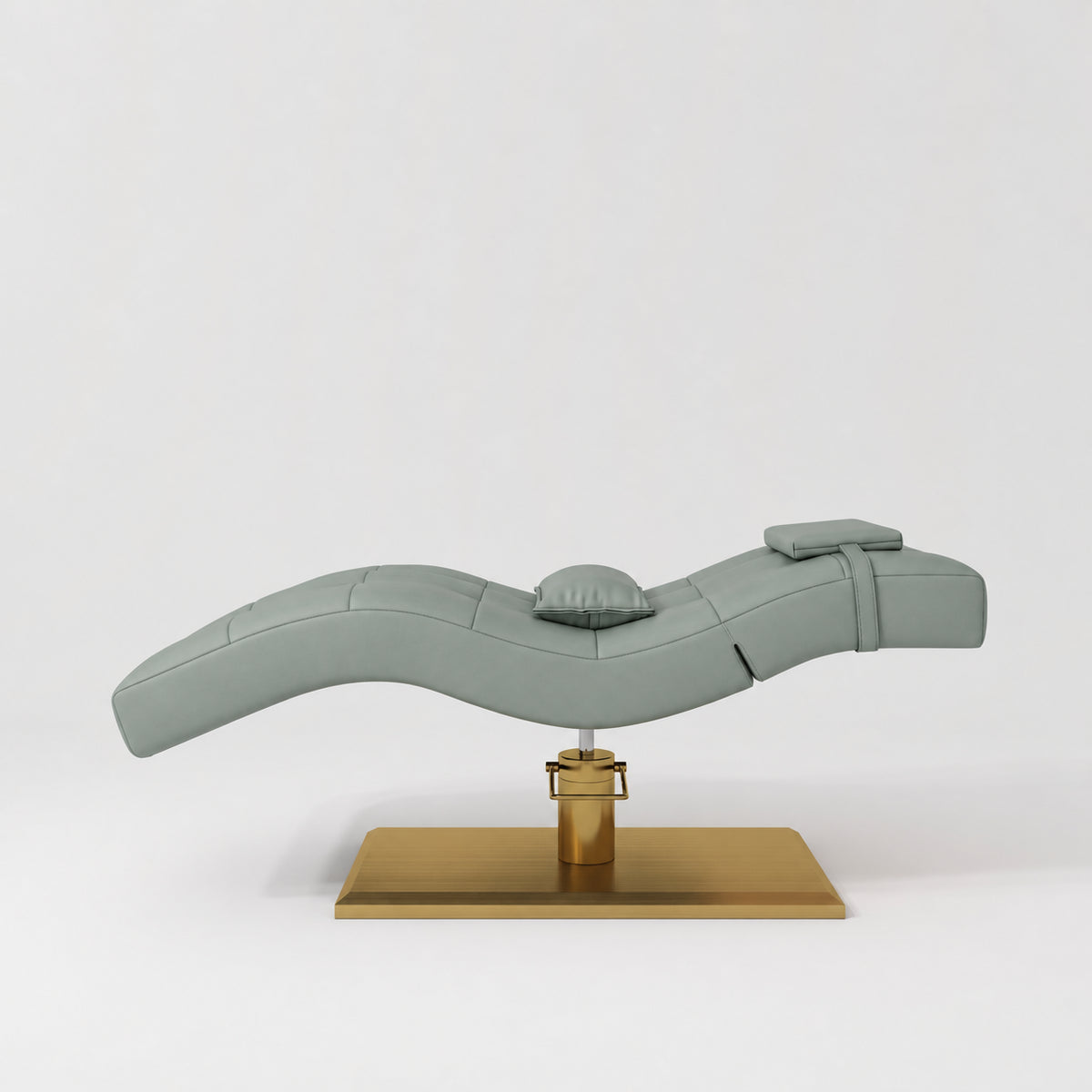 Manufakturo Prestige Olive hydraulic eyelash bed, side elevation showing head and lumbar pillows and gold base.
