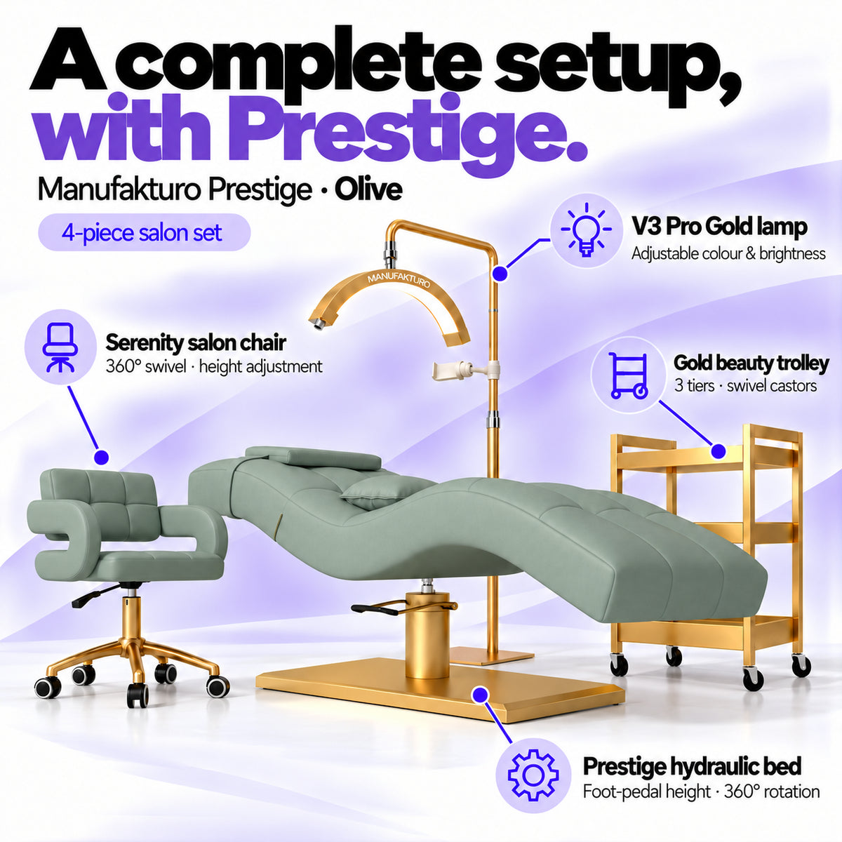 Manufakturo Prestige Olive four-piece salon set features: hydraulic bed, Serenity chair, V3 Pro Gold lamp and gold trolley.