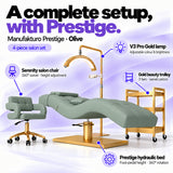 Manufakturo Prestige Olive four-piece salon set features: hydraulic bed, Serenity chair, V3 Pro Gold lamp and gold trolley.