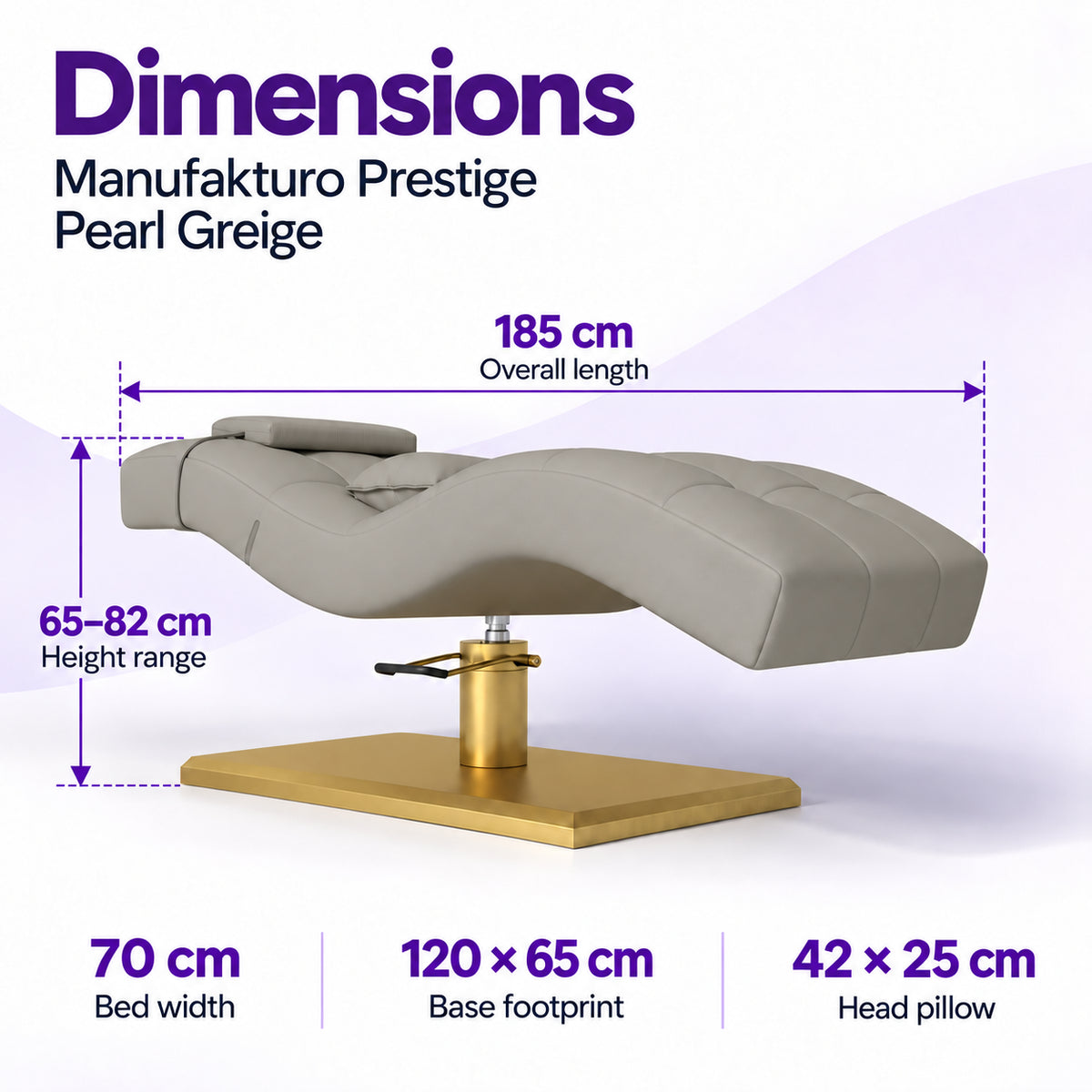 Manufakturo Prestige Pearl Greige dimensions: 185 cm long, 70 cm wide, height 65–82 cm, base 120 x 65 cm and head pillow 42 x 25 cm.
