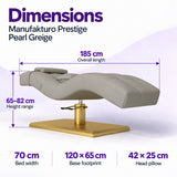 Manufakturo Prestige Pearl Greige dimensions: 185 cm long, 70 cm wide, height 65–82 cm, base 120 x 65 cm and head pillow 42 x 25 cm.