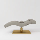 Manufakturo Prestige Pearl Greige hydraulic eyelash bed, side elevation showing head and lumbar pillows and gold base.