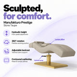 Manufakturo Prestige Stone Taupe hydraulic eyelash bed with foot-pedal height adjustment, 360-degree rotation, adjustable backrest and head and lumbar pillows.