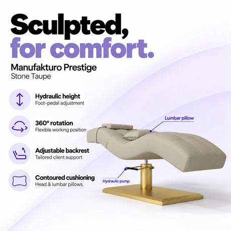Manufakturo Prestige Stone Taupe hydraulic eyelash bed with foot-pedal height adjustment, 360-degree rotation, adjustable backrest and head and lumbar pillows.