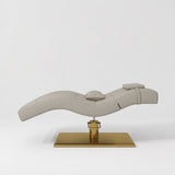 Manufakturo Prestige Stone Taupe hydraulic eyelash bed, side elevation showing head and lumbar pillows and gold base.
