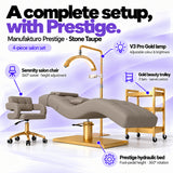 Manufakturo Prestige Stone Taupe four-piece salon set features: hydraulic bed, Serenity chair, V3 Pro Gold lamp and gold trolley.
